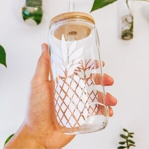 Custom Pineapple Design 16 oz Glass Tumbler Wood Lid w/ Glass Straw NEW